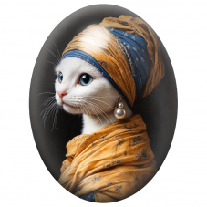 Cabochon en Verre Illustré Chat Blanc à la Perle et au Turban Ocre 13x18, 18x25 ou 30x40mm pour la Création de Bijoux Fantaisie