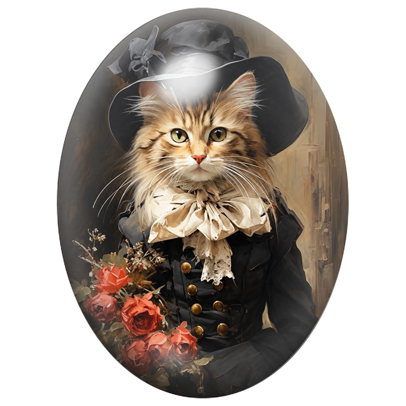 Cabochon en Verre Illustré Chat Dame en Noir au Bouquet de Roses 13x18, 18x25 ou 30x40mm