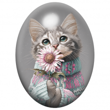 Cabochon en Verre Illustré Chaton au Pull Fleuri et à la Marguerite 13x18, 18x25 ou 30x40mm pour la Création de Bijoux Fantaisie