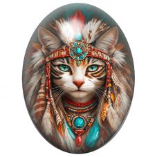 Cabochon en Verre Illustré Chat Chaman aux Turquoises et Plumes Fauves 13x18, 18x25 ou 30x40mm pour la Création de Bijoux