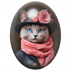Cabochon en Verre Illustré Chat Gris au Chapeau de Roses Roses 13x18, 18x25 ou 30x40mm pour la Création de Bijoux Fantaisie