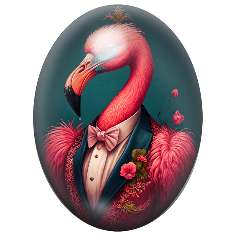 Cabochon en Verre Illustré Flamant Rose Dandy au Costume Fleuri 13x18, 18x25 ou 30x40mm