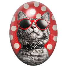 Cabochon en Verre Illustré Chat Gris aux Lunettes Rouges à Pois 13x18, 18x25 ou 30x40mm pour la Création de Bijoux Fantaisie