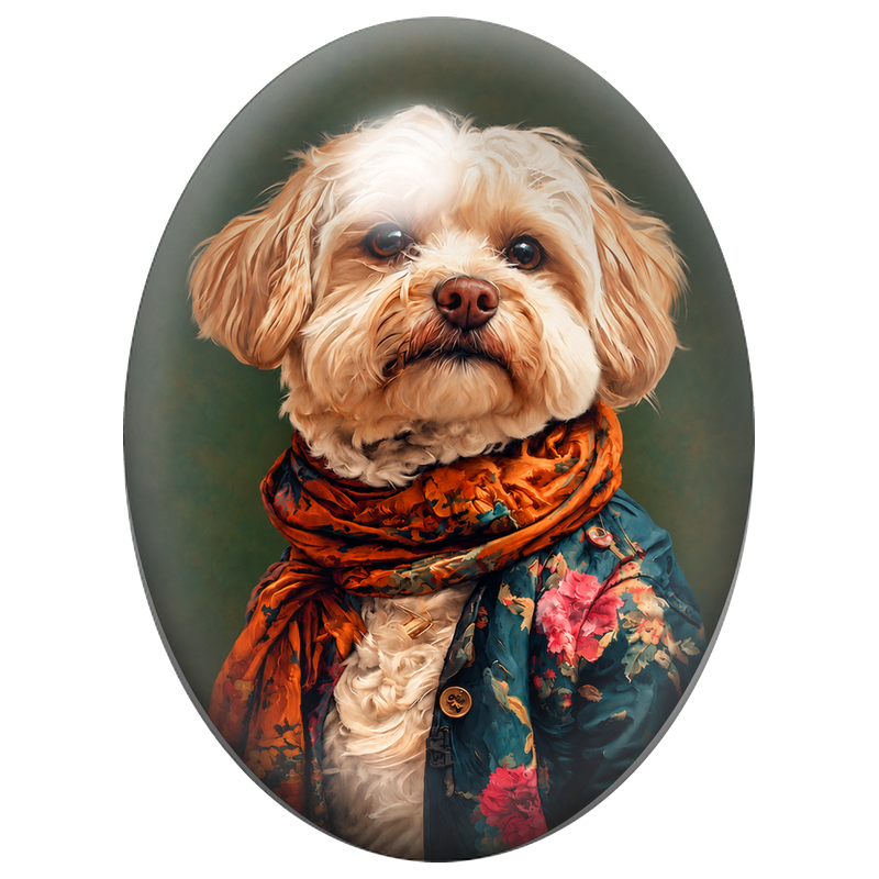 Cabochon en Verre Illustré Petit Chien au Manteau Bleu Fleuri 13x18, 18x25 ou 30x40mm