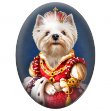 Cabochon en Verre Illustré Westie Reine en Robe Rouge et Or 13x18, 18x25 ou 30x40mm pour la Création de Bijoux Fantaisie – DIY