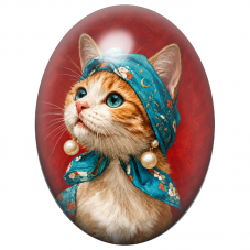 Cabochon en Verre Illustré Chat à la Perle et au Foulard Turquoise 13x18, 18x25 ou 30x40mm pour la Création de Bijoux Fantaisie