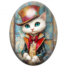 Cabochon en Verre Illustré Chat Blanc Dandy au Haut-de-Forme Coloré 13x18, 18x25 ou 30x40mm pour la Création de Bijoux Fantaisie