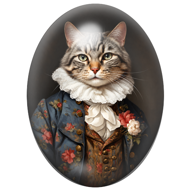 Cabochon en Verre Illustré Chat Courtisan au Manteau Bleu Fleuri 13x18, 18x25 ou 30x40mm
