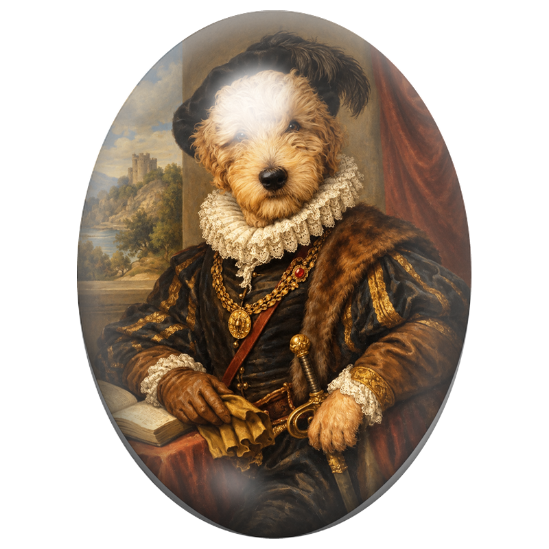 Cabochon en Verre Illustré Chien Courtisan au Livre et à l’Épée 13x18, 18x25 ou 30x40mm