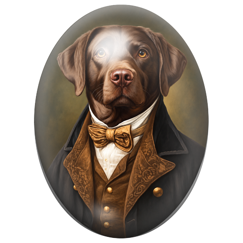 Cabochon en Verre Illustré Labrador Chocolat Gentleman au Nœud Doré 13x18, 18x25 ou 30x40mm