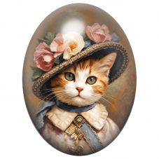 Cabochon en Verre Illustré Chat Roux Dame au Chapeau de Fleurs Poudrées 13x18, 18x25 ou 30x40mm pour la Création de Bijoux
