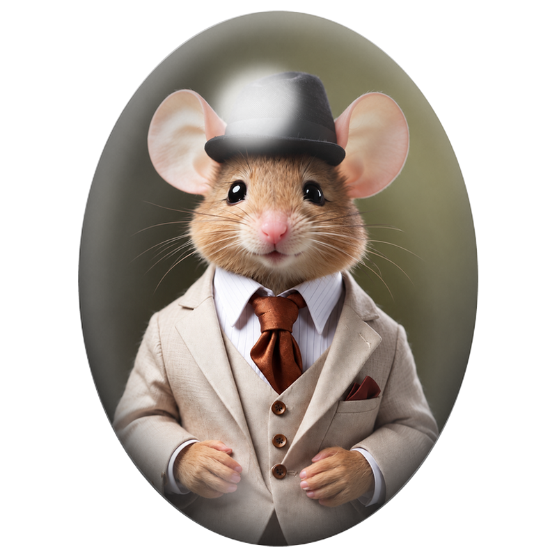 Cabochon en Verre Illustré Souris Gentleman au Costume Ivoire 13x18, 18x25 ou 30x40mm