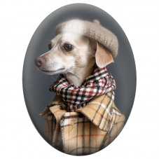 Cabochon en Verre Illustré Petit Chien au Béret et Manteau à Carreaux 13x18, 18x25 ou 30x40mm pour la Création de Bijoux