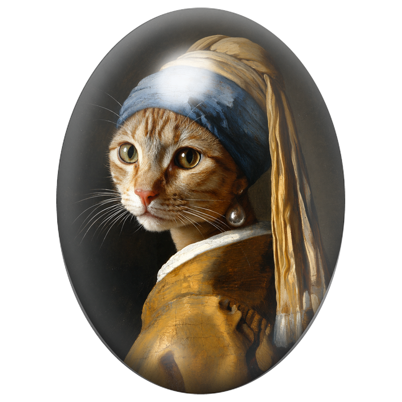 Cabochon en Verre Illustré Chat Roux à la Perle et au Turban Bleu 13x18, 18x25 ou 30x40mm