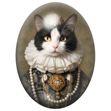 Cabochon en Verre Illustré Chat Noir et Blanc Reine aux Perles 13x18, 18x25 ou 30x40mm pour la Création de Bijoux Fantaisie