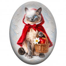 Cabochon en Verre Illustré Chat au Chaperon Rouge et Panier de Pommes 13x18, 18x25 ou 30x40mm pour la Création de Bijoux