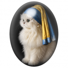 Cabochon en Verre Illustré Chat Blanc à la Perle et au Turban Bleu 13x18, 18x25 ou 30x40mm pour la Création de Bijoux Fantaisie