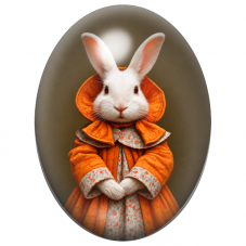 Cabochon en Verre Illustré Lapin Blanc en Manteau Orange Fleuri 13x18, 18x25 ou 30x40mm pour la Création de Bijoux Fantaisie