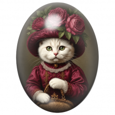 Cabochon en Verre Illustré Chat Blanc Dame au Chapeau de Roses Pourpres 13x18, 18x25 ou 30x40mm pour la Création de Bijoux