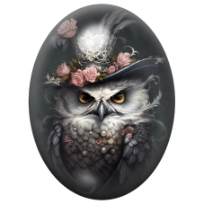 Cabochon en Verre Illustré Hibou Reine au Chapeau Couronné de Roses 13x18, 18x25 ou 30x40mm pour la Création de Bijoux Fantaisie
