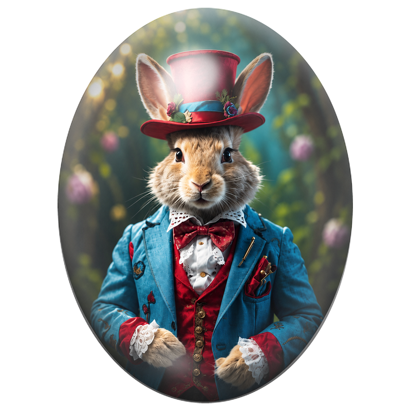 Cabochon en Verre Illustré Lapin Dandy au Haut-de-Forme Rouge 13x18, 18x25 ou 30x40mm