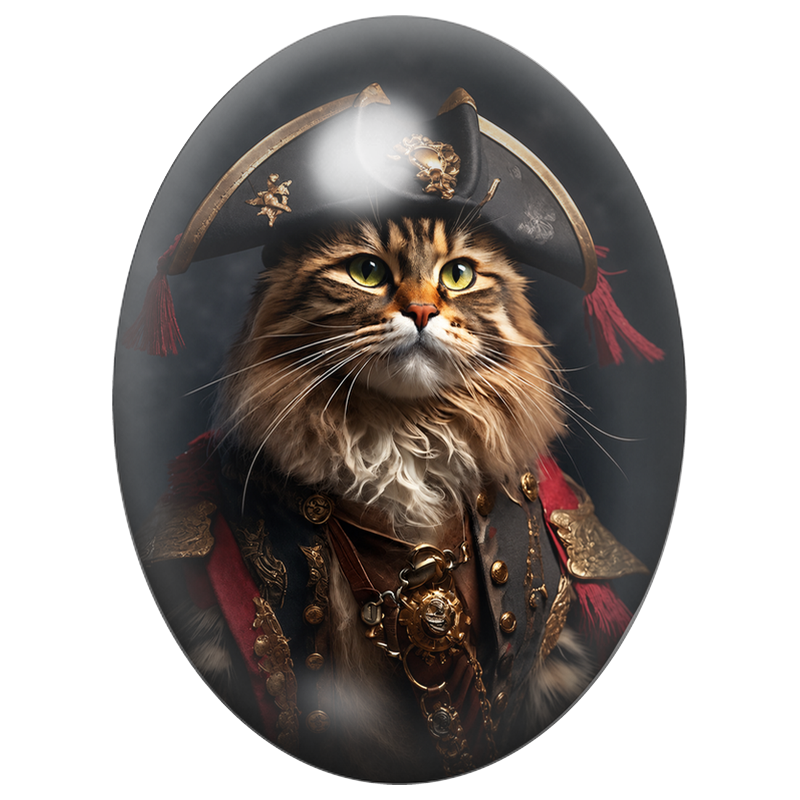 Cabochon en Verre Illustré Chat Pirate au Tricorne Noir 13x18, 18x25 ou 30x40mm