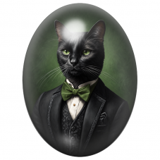 Cabochon en Verre Illustré Chat Noir Gentleman au Nœud Papillon Vert 13x18, 18x25 ou 30x40mm pour la Création de Bijoux