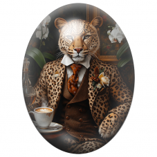 Cabochon en Verre Illustré Léopard Gentleman au Café 13x18, 18x25 ou 30x40mm pour la Création de Bijoux Fantaisie – DIY