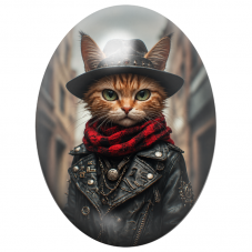Cabochon en Verre Illustré Chat Biker au Chapeau Noir 13x18, 18x25 ou 30x40mm pour la Création de Bijoux Fantaisie – DIY