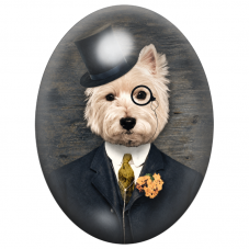 Cabochon en Verre Illustré Westie Gentleman au Monocle et Haut-de-Forme 13x18, 18x25 ou 30x40mm pour la Création de Bijoux
