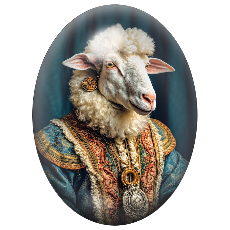 Cabochon en Verre Illustré Mouton Courtisan en Brocart Turquoise 13x18, 18x25 ou 30x40mm