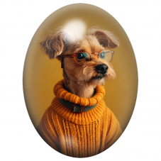 Cabochon en Verre Illustré Terrier aux Lunettes et Pull Orange 13x18, 18x25 ou 30x40mm pour la Création de Bijoux Fantaisie