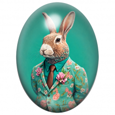Cabochon en Verre Illustré Lapin Gentleman au Costume Fleuri Turquoise 13x18, 18x25 ou 30x40mm pour la Création de Bijoux