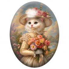 Cabochon en Verre Illustré Chat Blanc Dame au Bouquet de Roses 13x18, 18x25 ou 30x40mm pour la Création de Bijoux Fantaisie