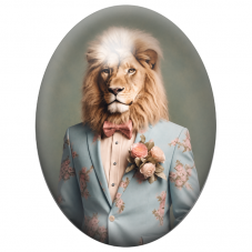 Cabochon en Verre Illustré Lion Gentleman au Costume Bleu Fleuri 13x18, 18x25 ou 30x40mm pour la Création de Bijoux Fantaisie