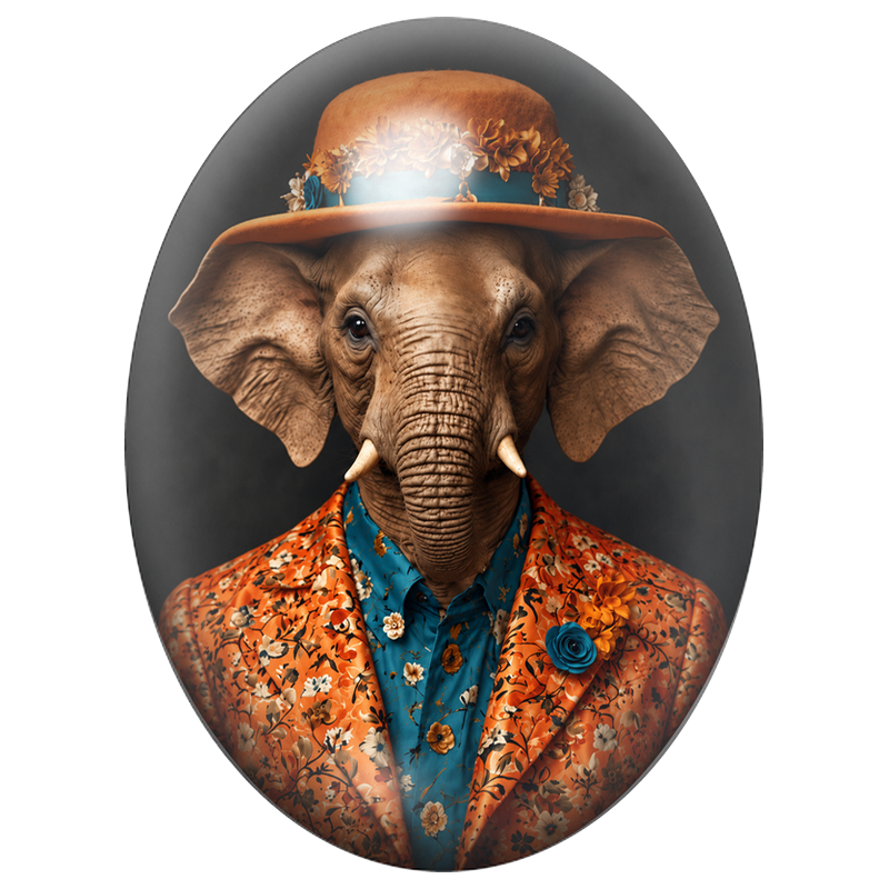 Cabochon en Verre Illustré Éléphant Dandy au Costume Fleuri Orange 13x18, 18x25 ou 30x40mm