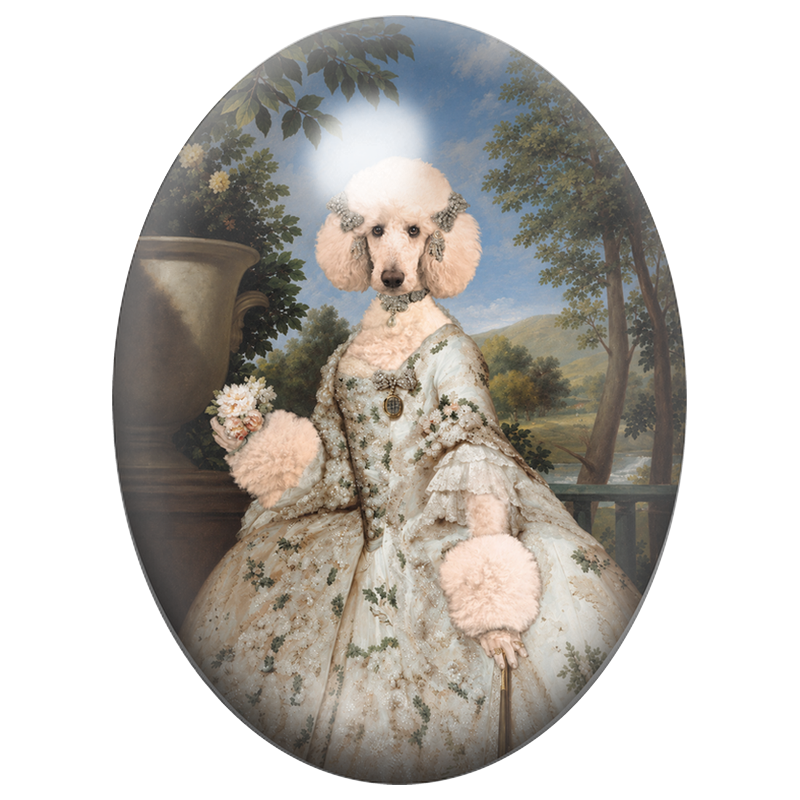 Cabochon en Verre Illustré Caniche Marquise en Robe Ivoire Fleurie 13x18, 18x25 ou 30x40mm