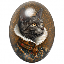 Cabochon en Verre Illustré Chat Gris Reine à la Couronne de Perles 13x18, 18x25 ou 30x40mm pour la Création de Bijoux Fantaisie