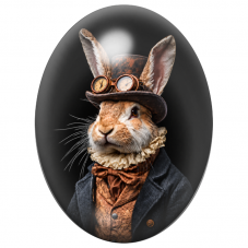 Cabochon en Verre Illustré Lapin Steampunk au Haut-de-Forme à Horloges 13x18, 18x25 ou 30x40mm pour la Création de Bijoux