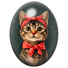 Cabochon en Verre Illustré Chat Tigré aux Nœuds Rouges à Pois 13x18, 18x25 ou 30x40mm pour la Création de Bijoux Fantaisie – DIY