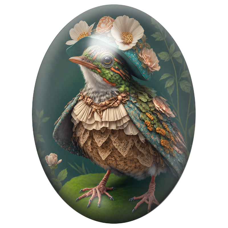 Cabochon en Verre Illustré Oiseau Dame au Chapeau Fleuri Turquoise 13x18, 18x25 ou 30x40mm