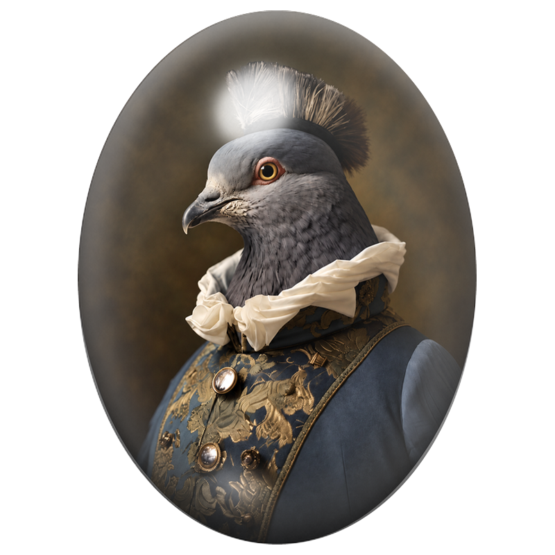 Cabochon en Verre Illustré Pigeon Courtisan au Plumet Noir 13x18, 18x25 ou 30x40mm