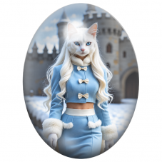 Cabochon en Verre Illustré Chat Blanc Princesse des Neiges en Bleu 13x18, 18x25 ou 30x40mm pour la Création de Bijoux Fantaisie