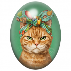 Cabochon en Verre Illustré Chat Roux au Bandeau de Fruits 13x18, 18x25 ou 30x40mm pour la Création de Bijoux Fantaisie – DIY