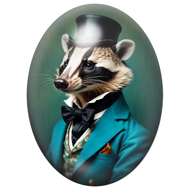Cabochon en Verre Illustré Blaireau Dandy au Costume Turquoise 13x18, 18x25 ou 30x40mm