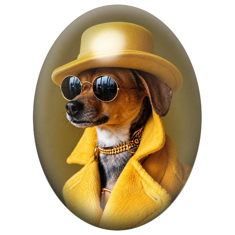 Cabochon en Verre Illustré Chien aux Lunettes Rondes et Manteau Jaune 13x18, 18x25 ou 30x40mm