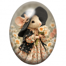 Cabochon en Verre Illustré Souris Dame au Bouquet de Marguerites 13x18, 18x25 ou 30x40mm pour la Création de Bijoux Fantaisie