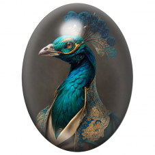 Cabochon en Verre Illustré Paon Reine à la Coiffe Bleu Turquoise 13x18, 18x25 ou 30x40mm pour la Création de Bijoux Fantaisie