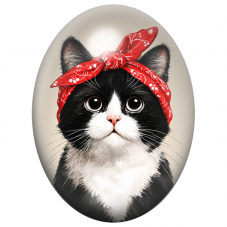 Cabochon en Verre Illustré Chat Noir et Blanc au Bandeau Rouge 13x18, 18x25 ou 30x40mm pour la Création de Bijoux Fantaisie