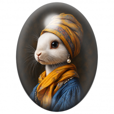 Cabochon en Verre Illustré Lapin Blanc à la Perle et au Turban Ocre 13x18, 18x25 ou 30x40mm pour la Création de Bijoux Fantaisie